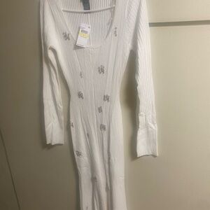 Chic Long Sleeve White Dress with Silver Details